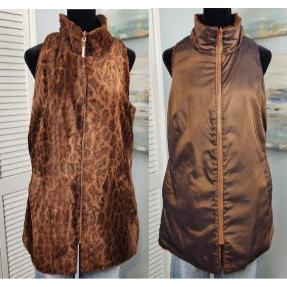 Leopard Faux Fur Zip Up Vest Reversible Brown Small / Medium No brand - Picture 1 of 7